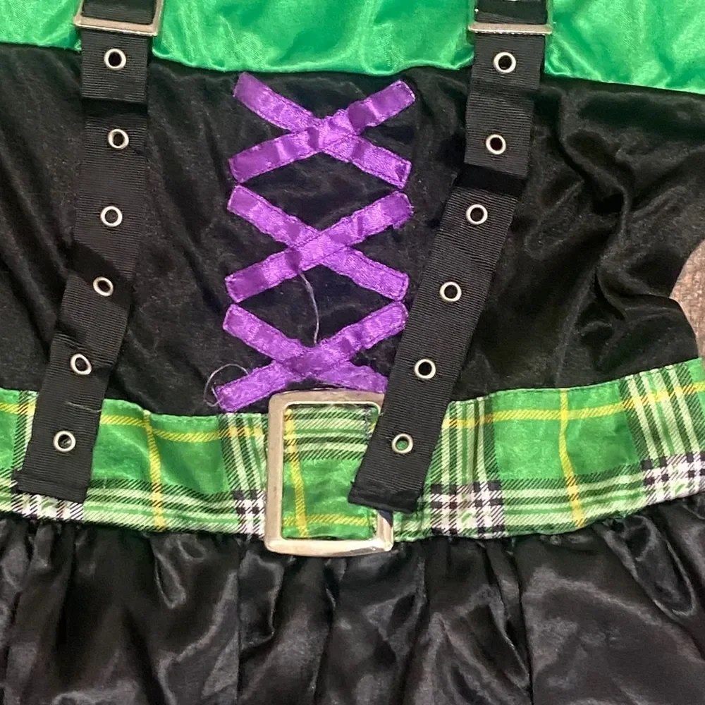 Vibrant Green and Black Kids Costume Dress with Purple Accents Size M7-8 Junior